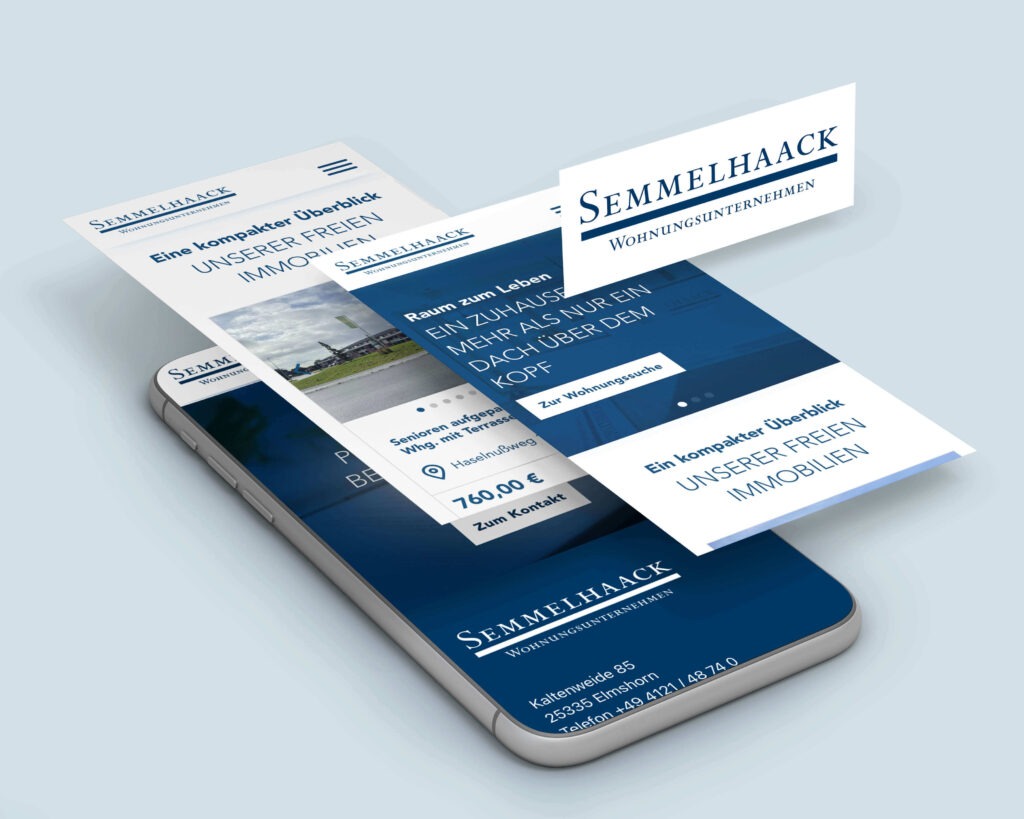 Verschiedene mobile Website-Ansichten für Semmelhaack Wohnungsunternehmen, gezeigt auf einem Smartphone.