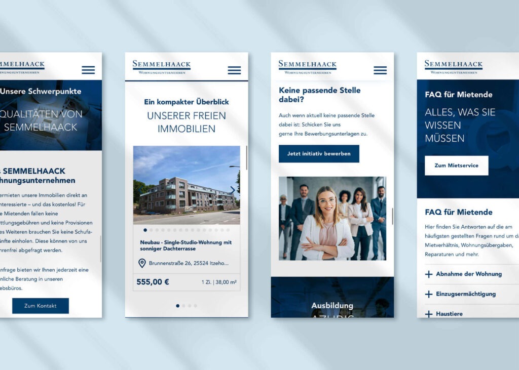 Verschiedene mobile Website-Ansichten für Semmelhaack Wohnungsunternehmen, gezeigt in Draufsicht.