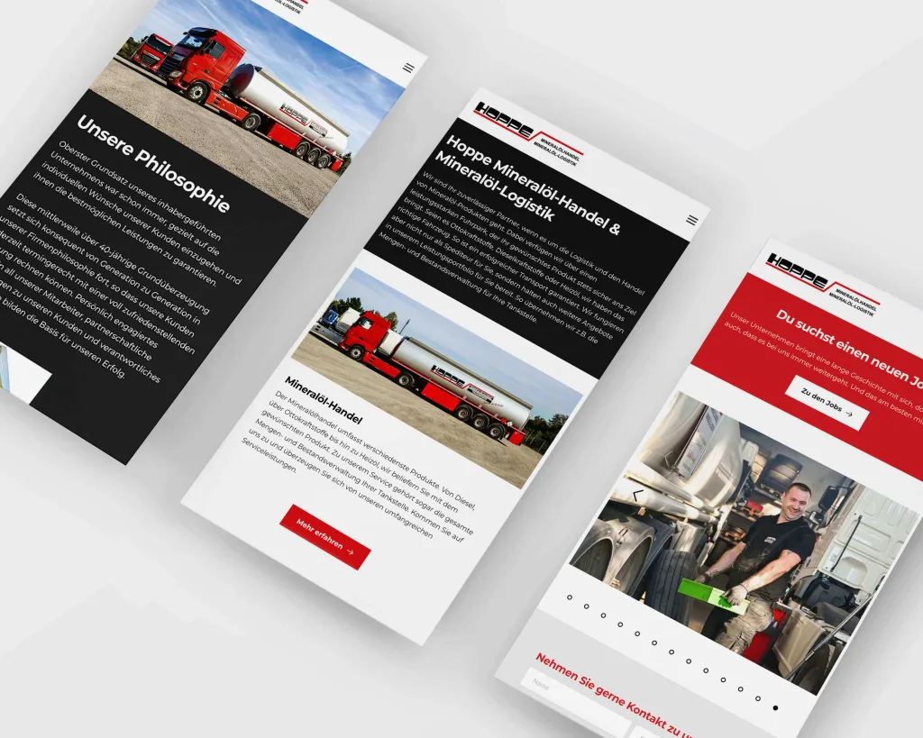 Verschiedene mobile Website-Ansichten für Hoppe Mineralölhandel, gezeigt in schräger Draufsicht.