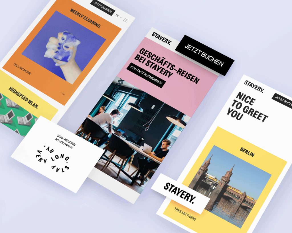Mockup mit verschiedenen, mobilen Website-Ansichten für eine Serviced Apartments-Plattform, gezeigt in Draufsicht.