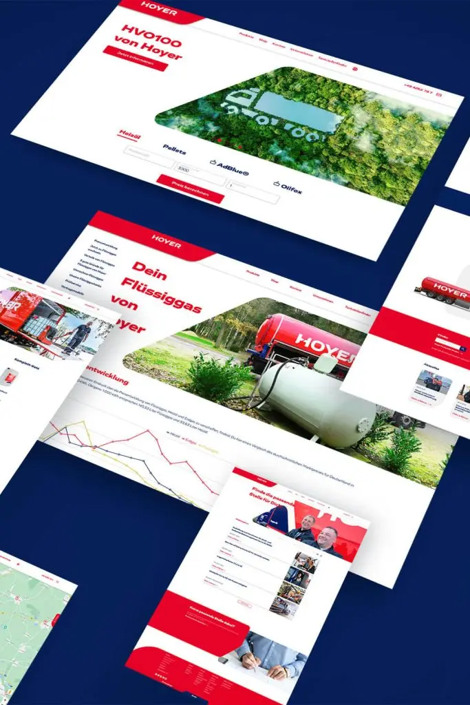Mockup mit verschiedenen Website-Ansichten für Hoyer, gezeigt in schräger Draufsicht.