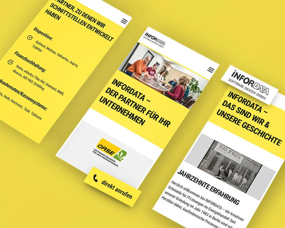 Verschiedene mobile Website-Ansichten für Infordata Software Design GmbH, gezeigt in schräger Draufsicht.