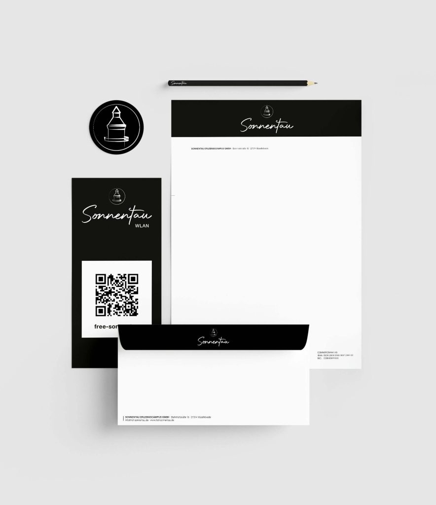 Corporate-Design-Set für Sonnentau mit Briefpapier, Briefumschlag, Visitenkarten, Aufkleber und Bleistift