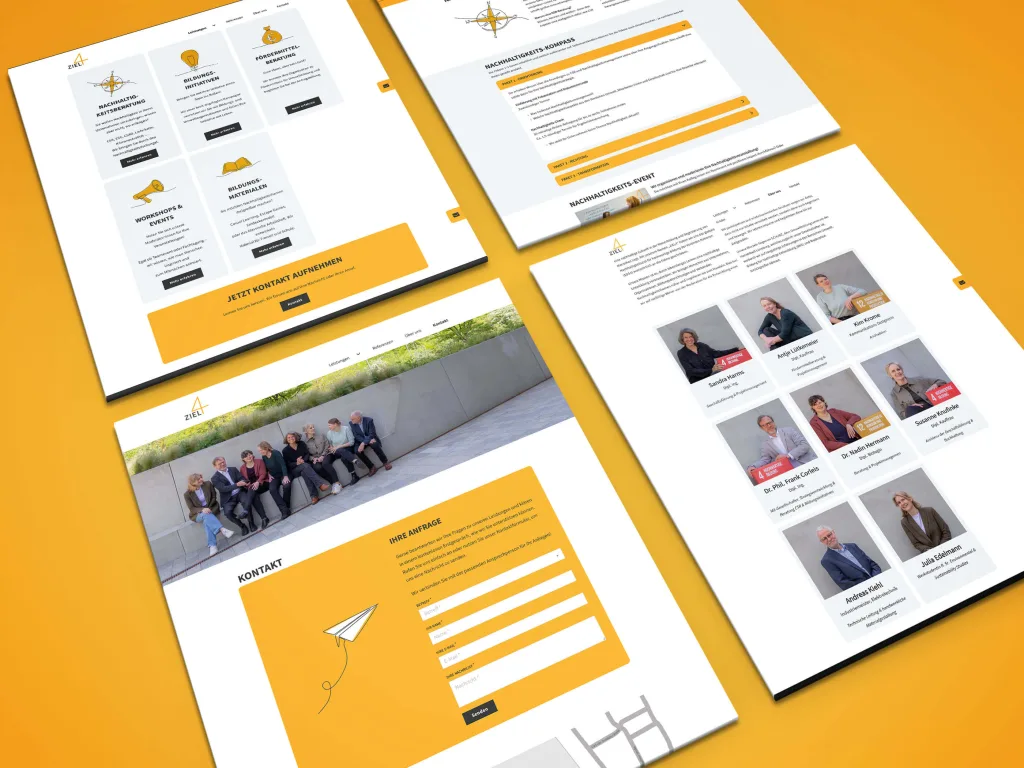 Mockup mit verschiedenen Website-Ansichten für Ziel4, gezeigt in schräger Draufsicht.