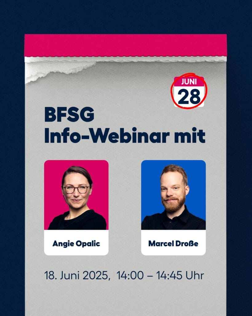 Zwei Personen stellen ein Info-Webinar zum BFSG vor. Datum: 18. Juni 2025, 14:00–14:45 Uhr. Rechts oben: Kalender-Symbol mit dem Datum 28. Juni. Darunter die Namen: Angie Opalic und Marcel Droße von HARLAPP.