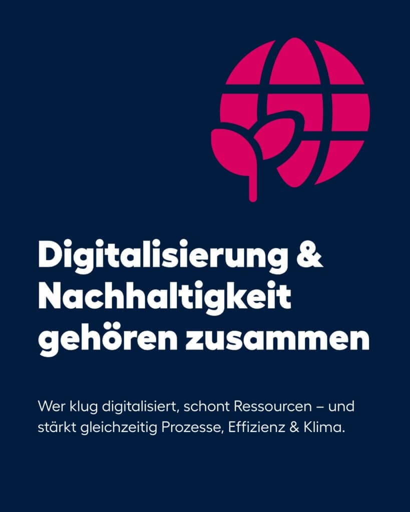 Illustration eines stilisierten Globus mit einem Blatt davor. Text: „Digitalisierung & Nachhaltigkeit gehören zusammen – Wer klug digitalisiert, schont Ressourcen und stärkt Prozesse, Effizienz und Klima.“
