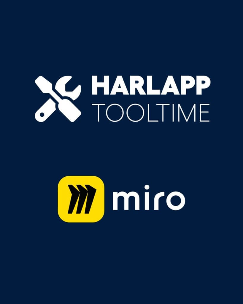 Illustration von Werkzeug-Symbol und HARLAPP-Tooltime-Logo mit Miro-Logo auf dunkelblauem Hintergrund.