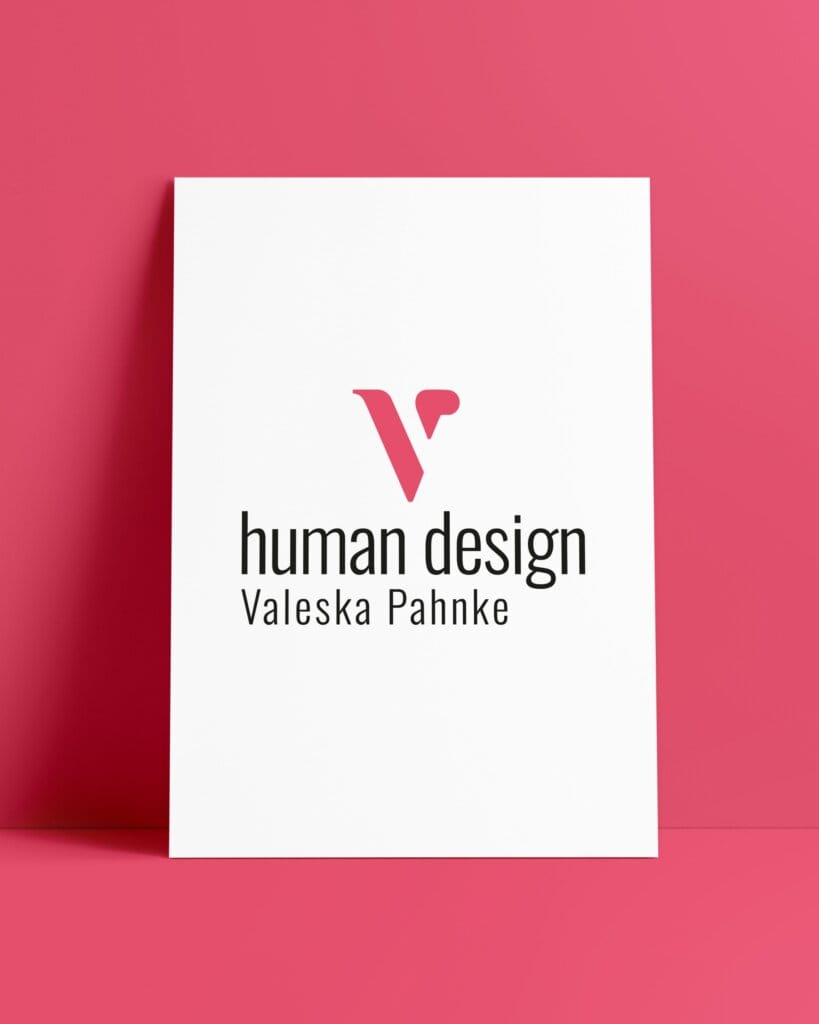 Logo-Design für Human Design Valeska Pahnke auf weißem Hintergrund mit pinkem Akzent. Modernes, reduziertes Branding mit klarer Typografie.