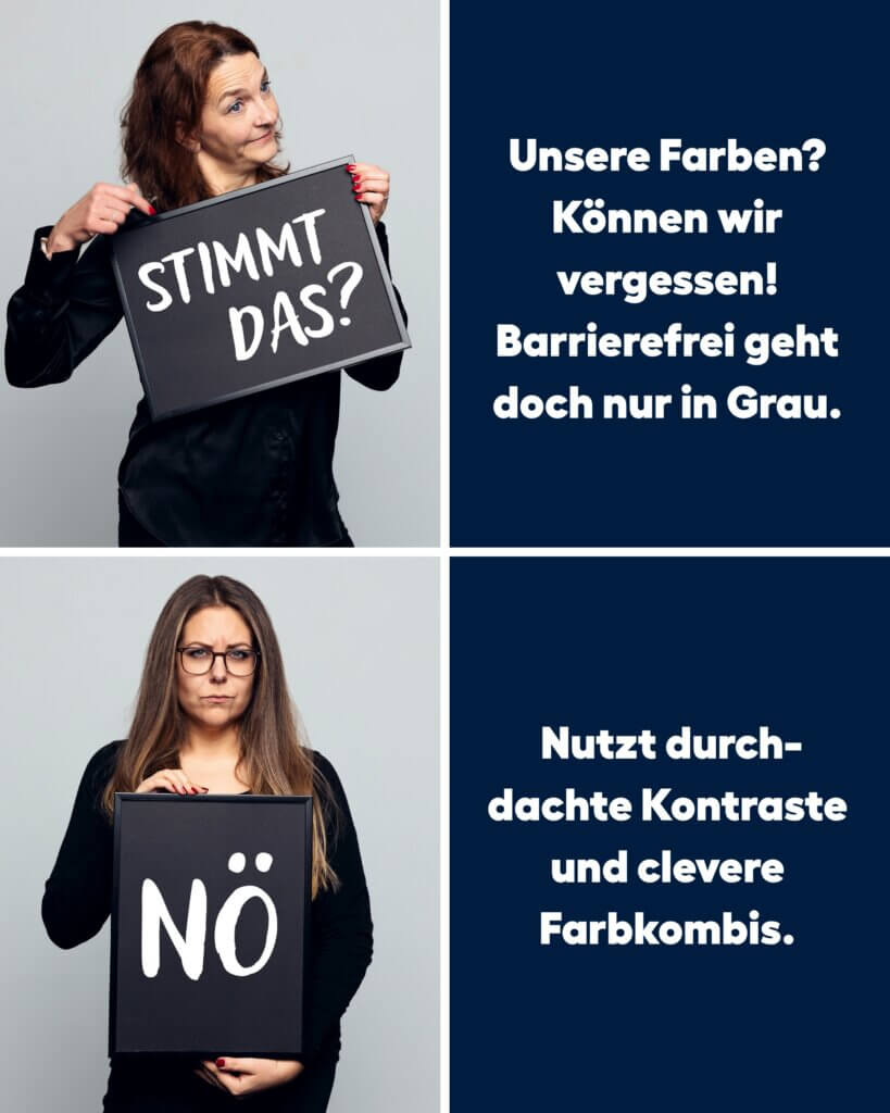 Person hält ein Schild mit der Aufschrift Stimmt das und stellt eine Aussage zu Farben und Barrierefreiheit infrage.